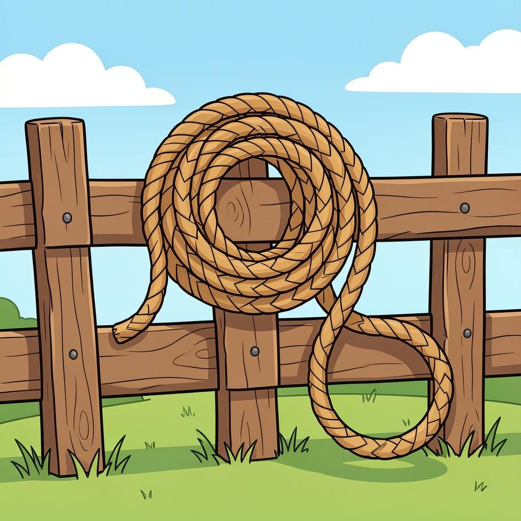 A coiled rope with a loop at the end sitting on a wooden fence.