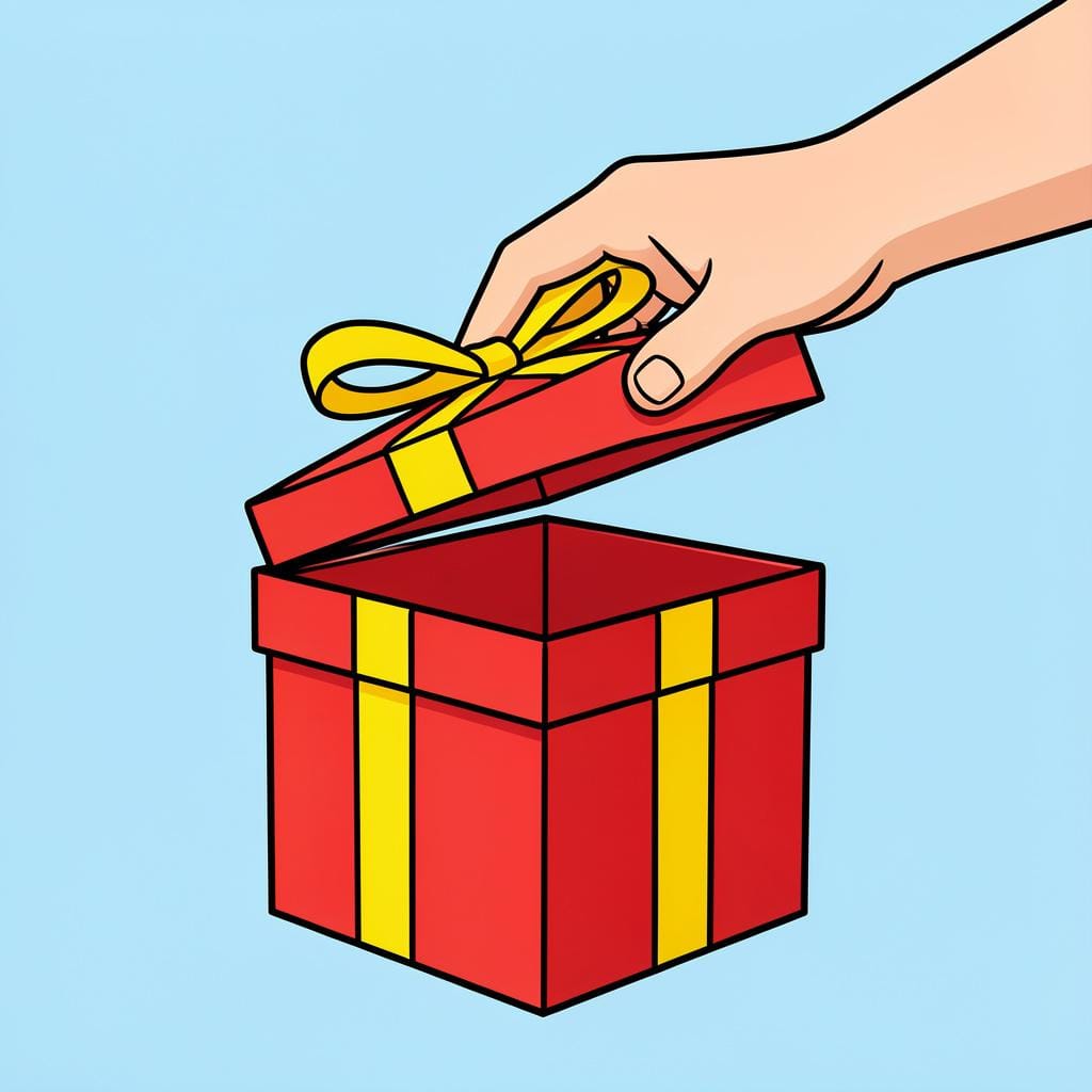 A hand lifting the lid of a colorful gift box wrapped with a ribbon.