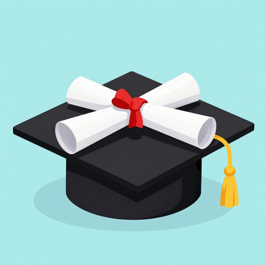 Een opgerold diploma met een rood lint, liggend op een donkere afstudeerhoed.