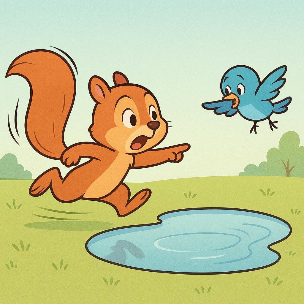 A simple cartoon squirrel is running quickly along a path towards a large, unexpected puddle of water. A small, alarmed bird is hovering nearby, urgently pointing its wing towards the puddle to warn the squirrel.
