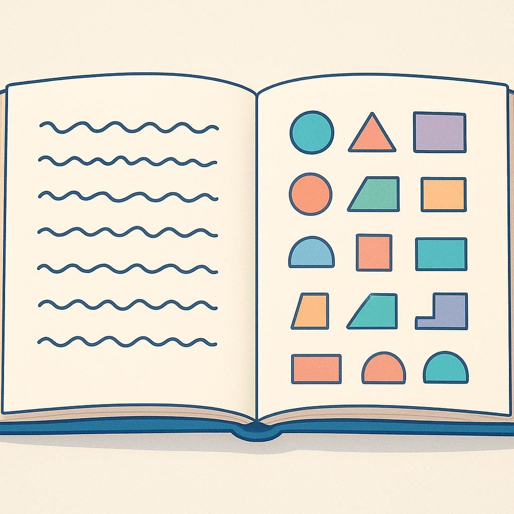 Une illustration de livre d'histoires colorée d'un livre ouvert. La page de gauche contient du texte écrit en lignes ondulées symboliques, et la page de droite contient le même texte écrit à l'aide de formes géométriques simples comme des cercles et des triangles, illustrant la traduction.