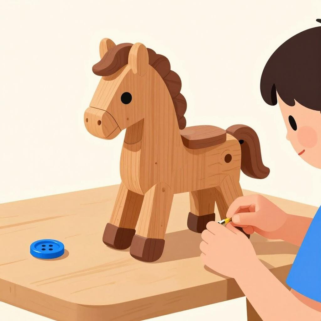 A colorful storybook illustration showing a single, bright blue button on a plain table, ignored by a person who is busy fixing a large, complex wooden toy.