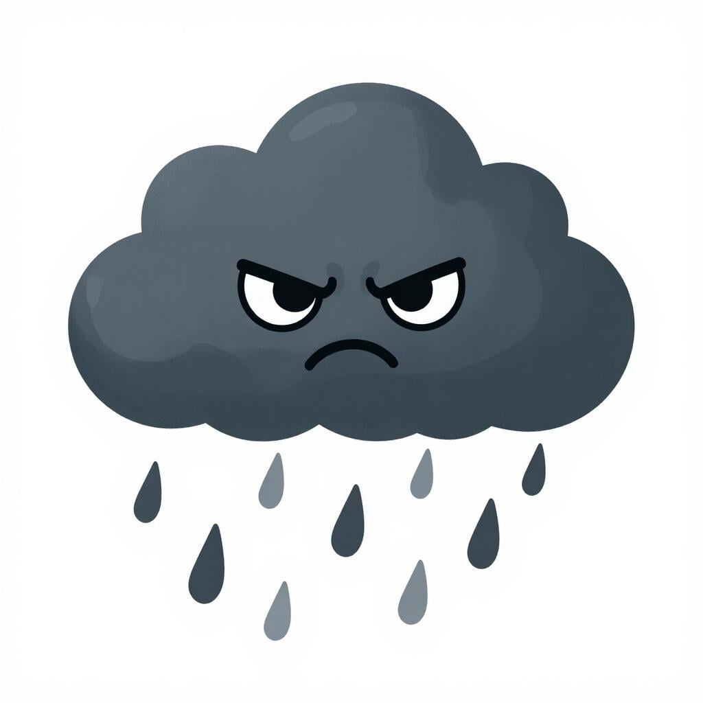 A grumpy-looking cartoon storm cloud with a sharp frown and dark shadows under its eyes.