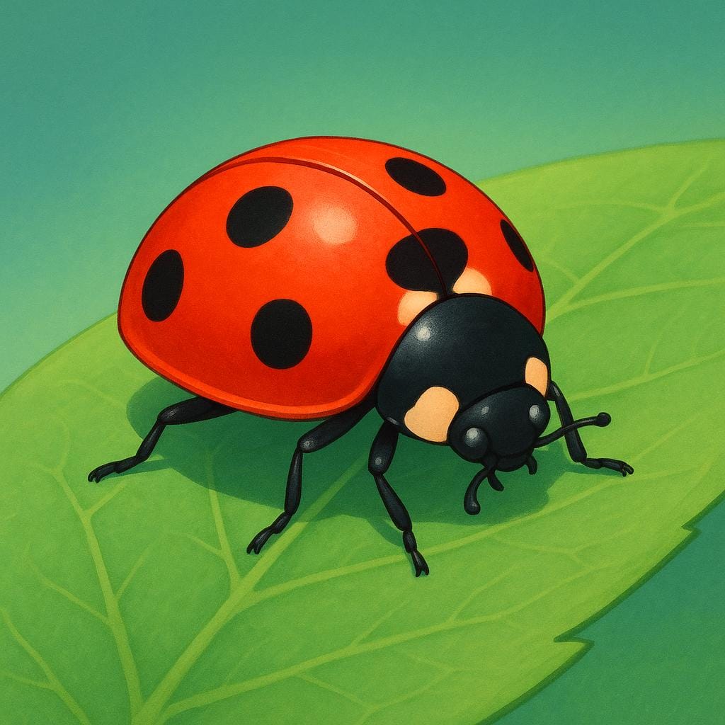 A vibrant red ladybug with black spots resting on a large green leaf.