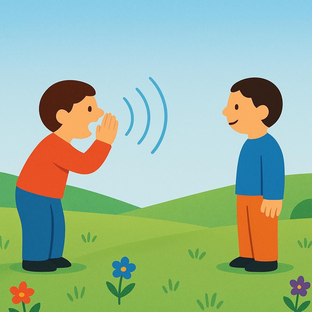 Two figures standing far apart in a green field, one figure shouting toward the other with hands cupped around their mouth to amplify the sound.