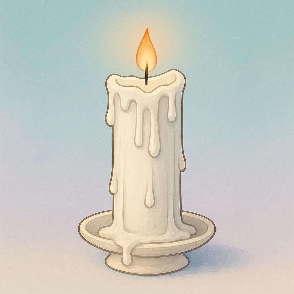 A simple colorful storybook illustration showing a thick white candle that has burned down significantly, leaving a large pool of melted wax, but still maintaining a small, steady flame.
