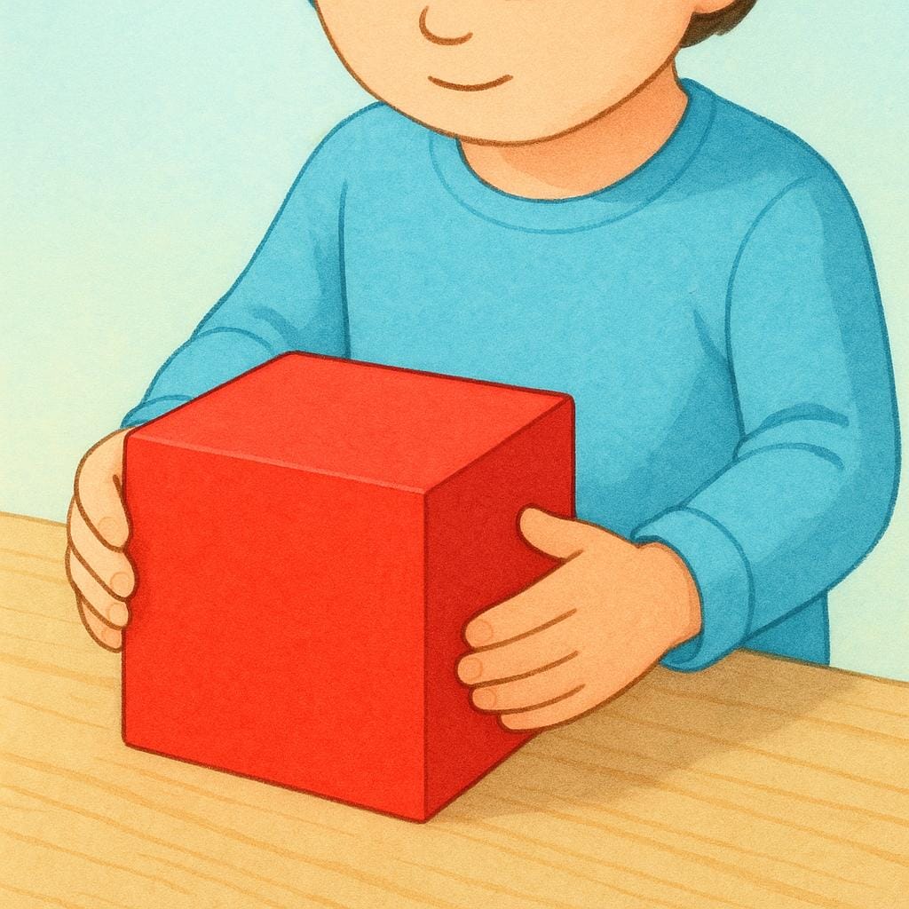 A simple illustration of a young person carefully placing a large, colorful square block onto a low wooden table, demonstrating the action of putting something down.