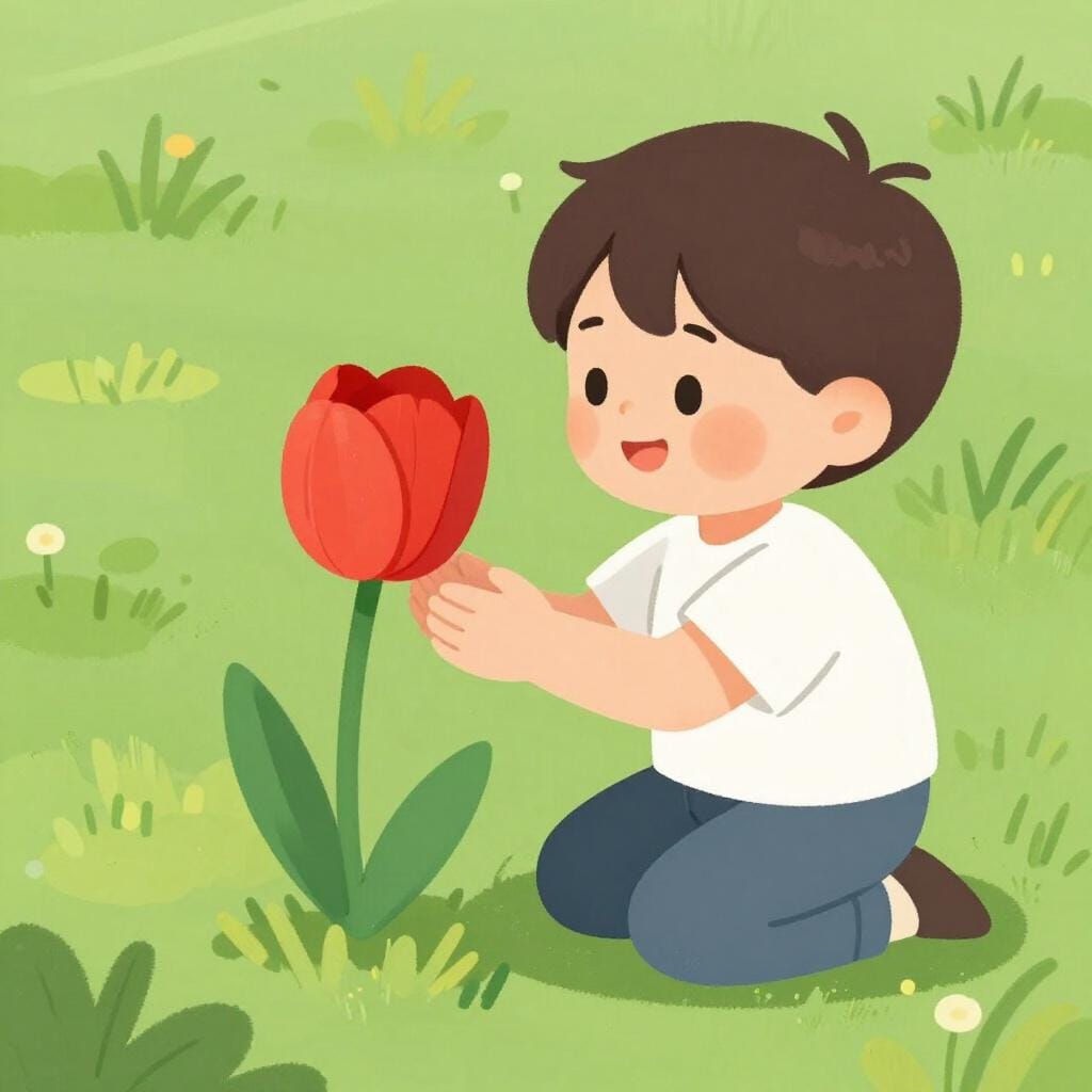 아름다운 꽃을 보며 감탄하고 미소 짓는 아이.