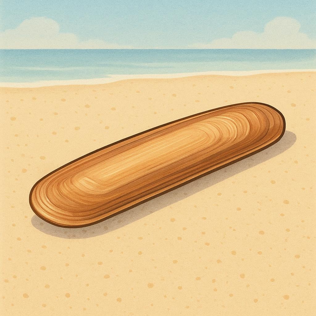 A single, long, narrow razor clam shell resting on sand.