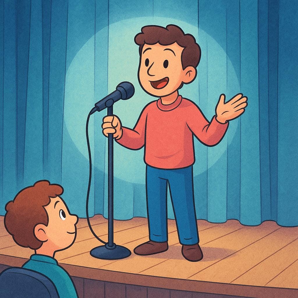 A character standing on a small wooden stage speaking into a microphone, while a single listener in the audience looks up directly at them, acknowledging the speech.