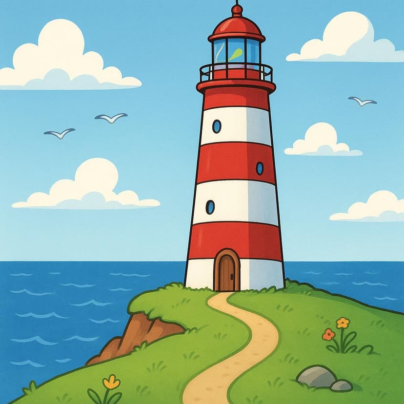 A vibrant illustration of a lighthouse situated on a green cliff edge overlooking the sea, illustrating the concept of being located.