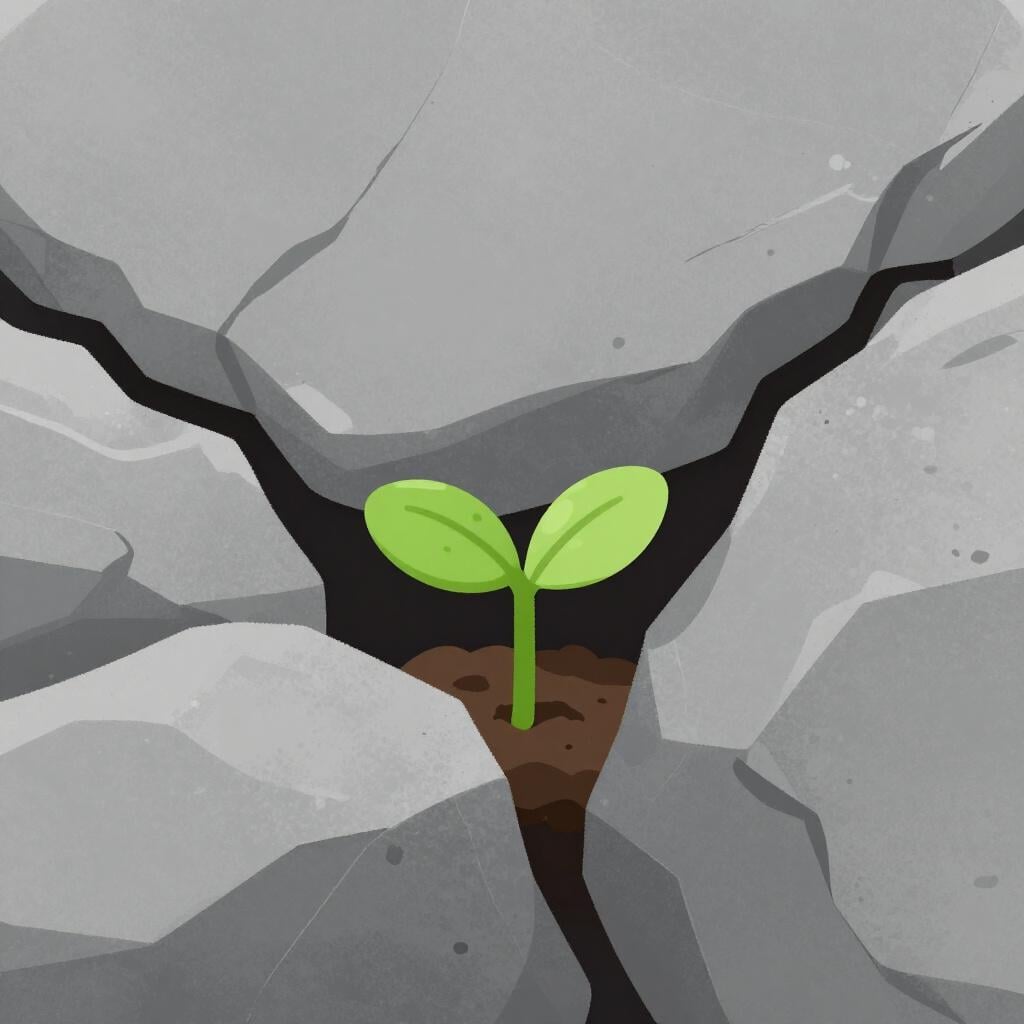 A small, determined sprout pushing through a heavy, solid rock.