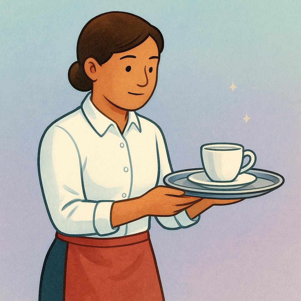 A person wearing a simple uniform and apron is diligently carrying a tray, illustrating service or duty of employment.