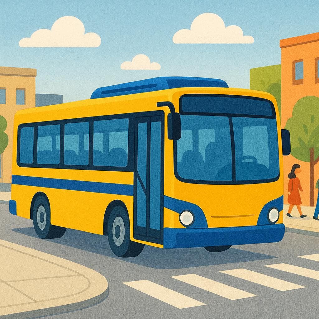 Un bus de transport public jaune vif et bleu circulant dans une rue, dans un style d'illustration de livre d'histoires coloré, simple et de haute qualité.