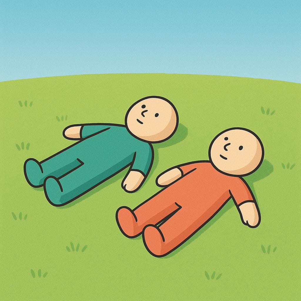 Duas figuras humanas simples, estilizadas e imóveis, deitadas em um campo gramado, representando cadáveres.