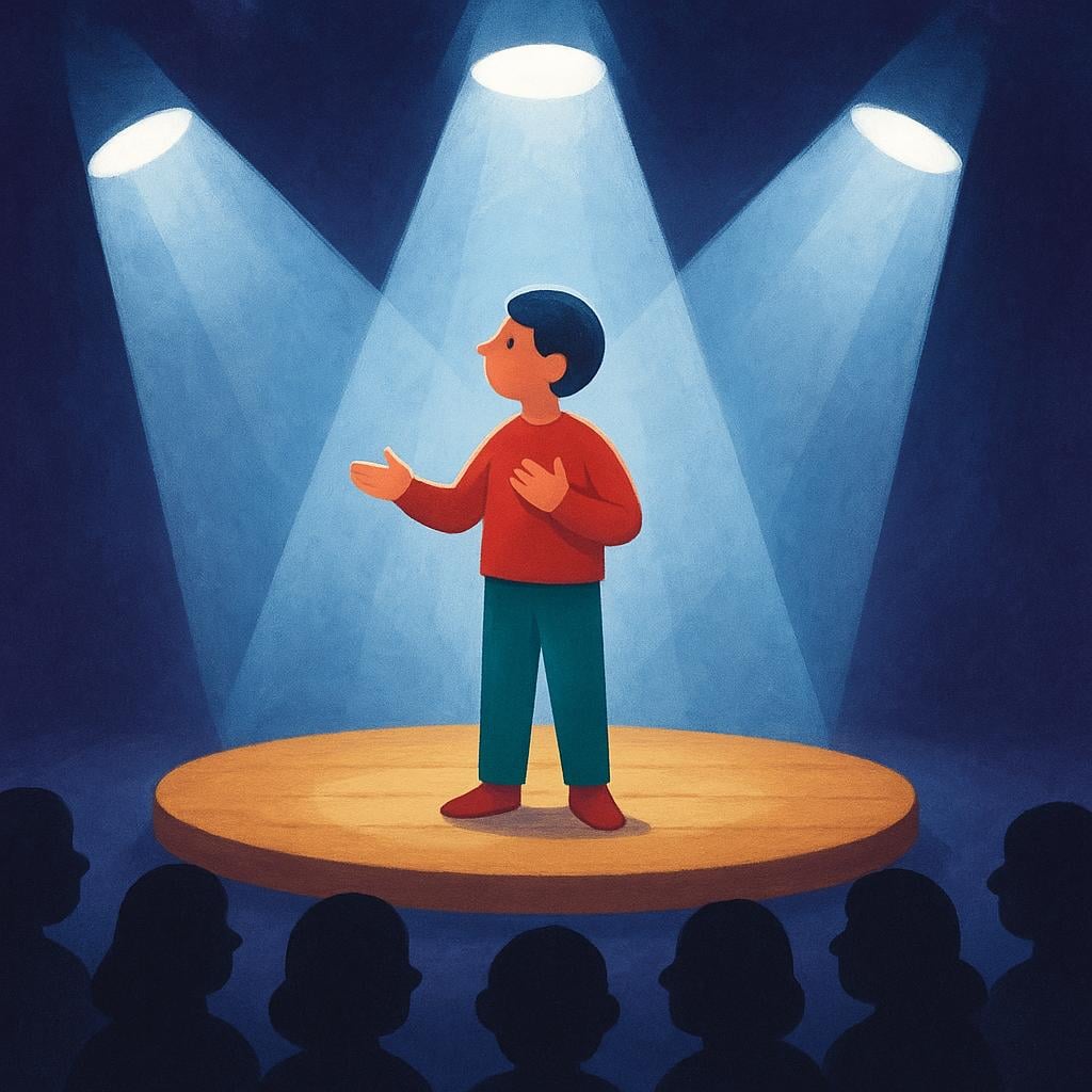 A solitary figure standing center stage, dramatically illuminated by multiple bright spotlights, suggesting fame and attention.