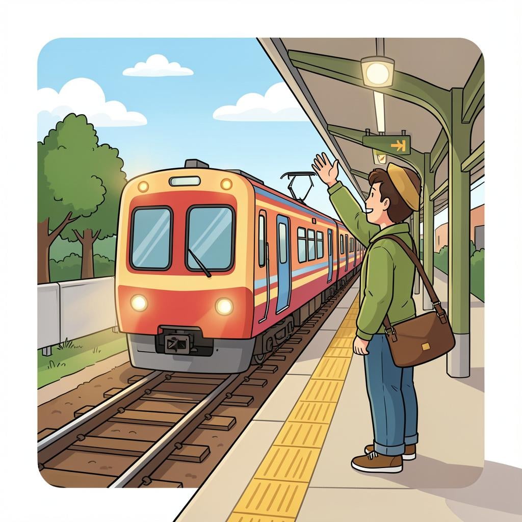 A person standing on a train platform looking at a train that is already moving away into the distance.