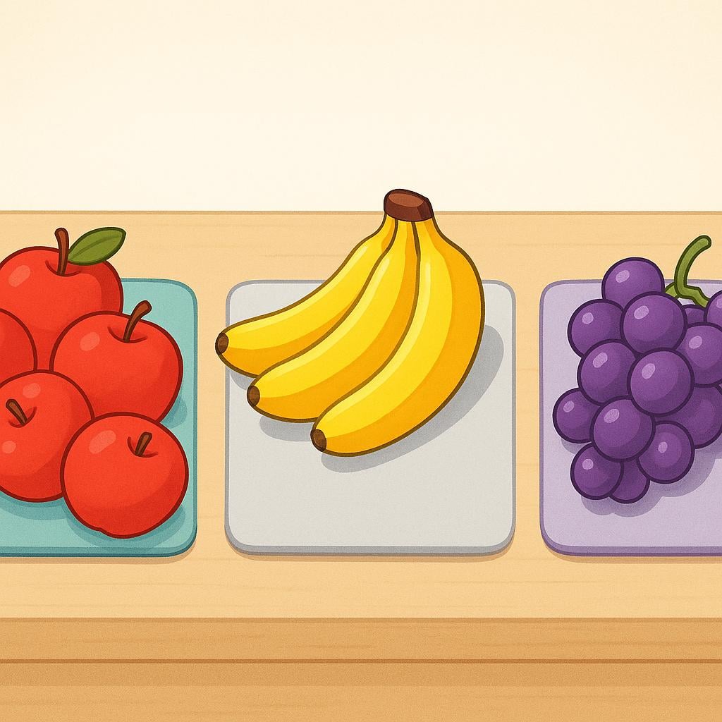 A close-up view of three perfectly separated groups of fruit on a surface: a pile of red apples, a pile of yellow bananas, and a pile of purple grapes, illustrating classification.