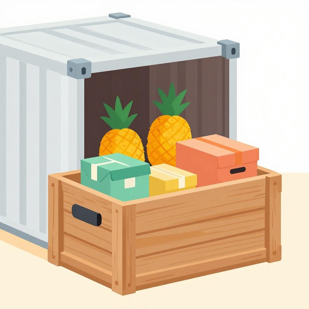 A wooden crate opened to reveal exotic fruits and packaged goods inside a warehouse.
