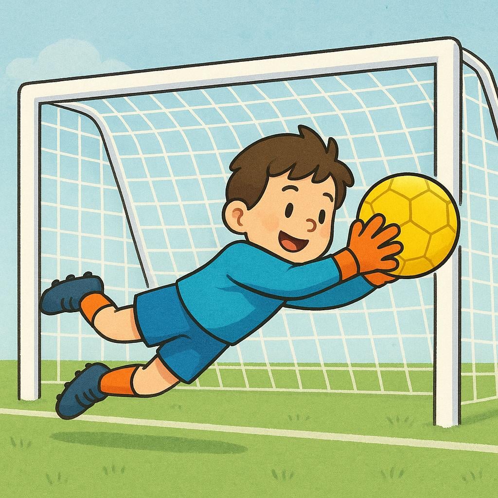 A cartoon soccer goalie dives sideways with outstretched hands, successfully catching a bright yellow soccer ball just before it enters the goal net.