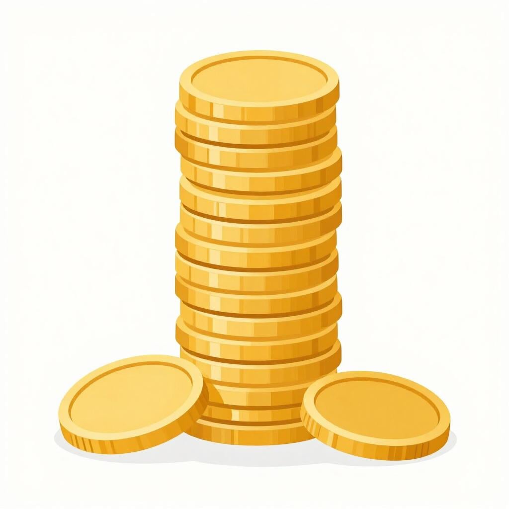 A large pile of gold coins stacked high on a wooden table.