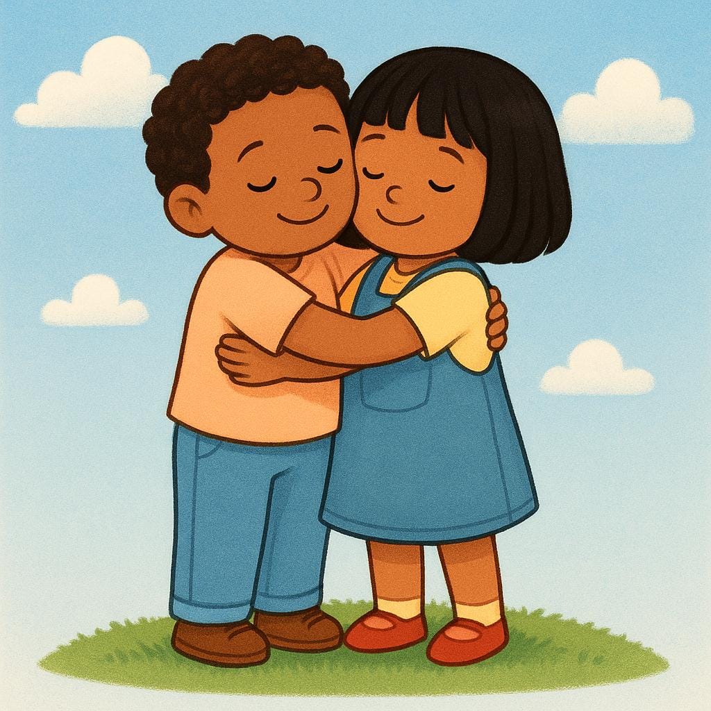 Une illustration de livre d'histoires de haute qualité montrant deux personnages, peut-être des enfants ou des personnages simples, s'étreignant chaleureusement.