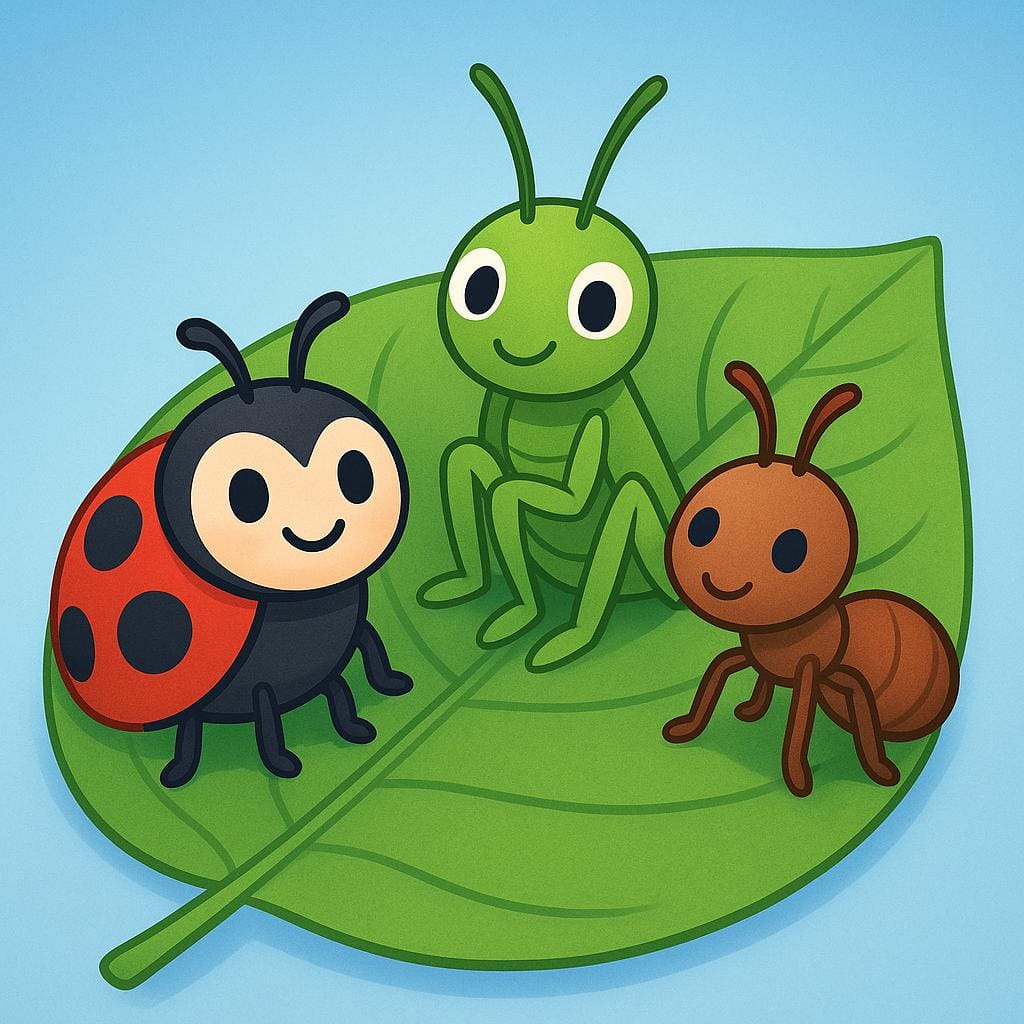 A colorful storybook illustration showing three different insects: a red ladybug, a green grasshopper, and a brown ant, all perched on a large green leaf.