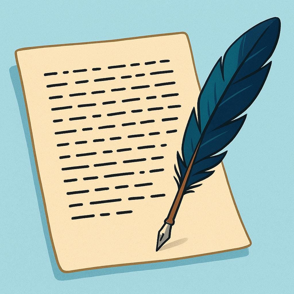 Uma pena repousando ao lado de um pedaço de pergaminho coberto de linhas abstratas e arrumadas, simbolizando texto escrito.