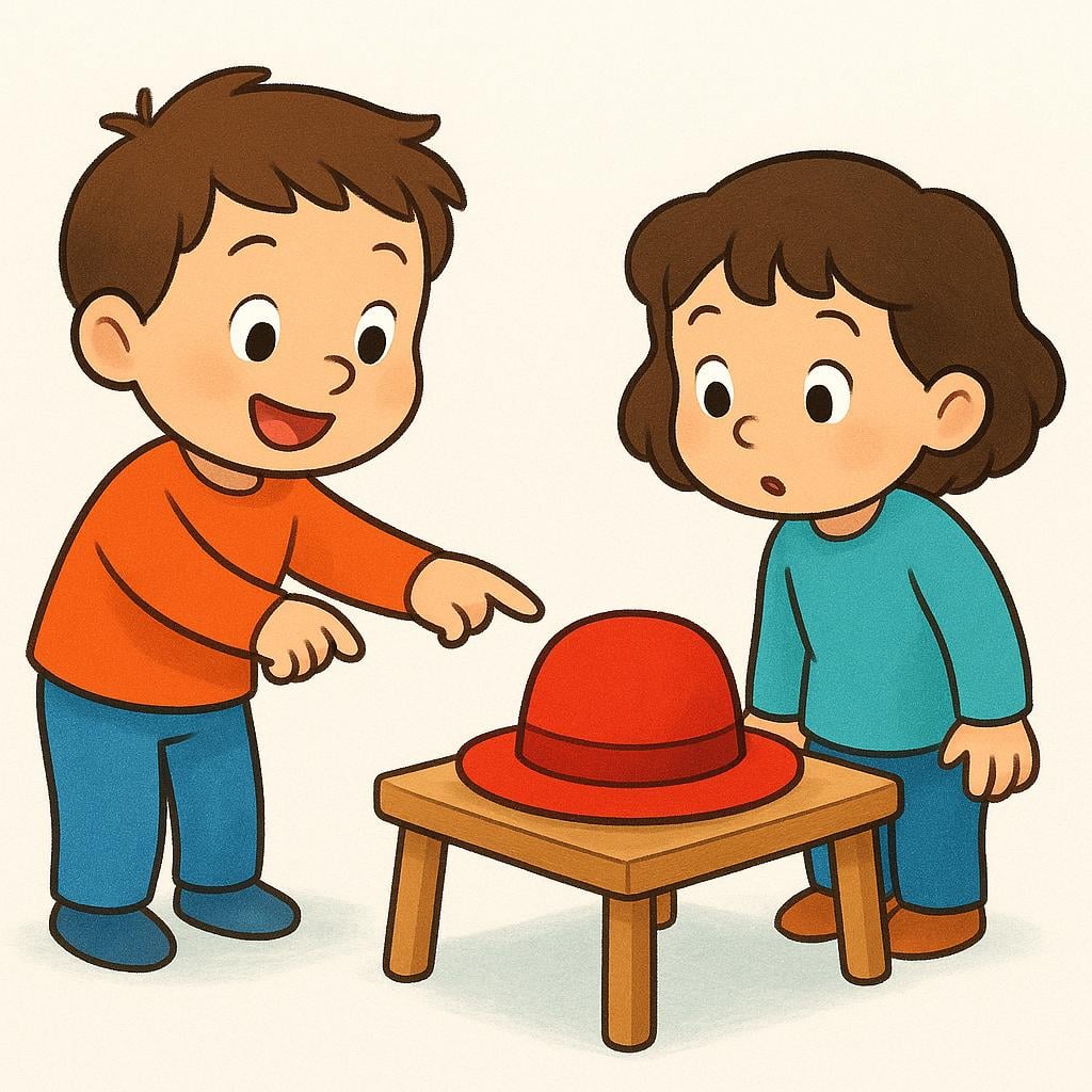 A cartoon character is pointing directly at a red hat that is placed on a small table right next to a second cartoon character. This illustrates the concept of 'that one' referring to something near the listener.