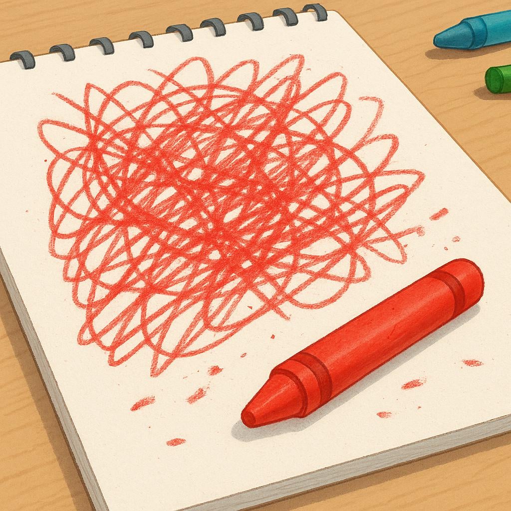 A white sheet of paper covered in chaotic, overlapping red crayon scribbles, showing a failed attempt at drawing.