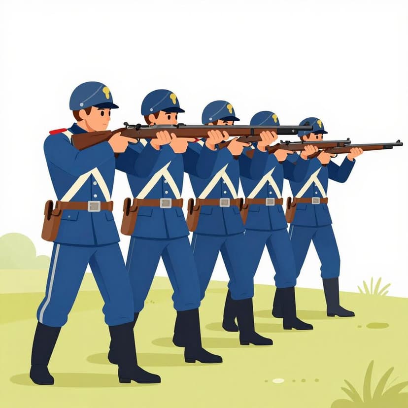 A row of soldiers in old-fashioned uniforms standing in a line, holding rifles aimed forward in a historical military setting.