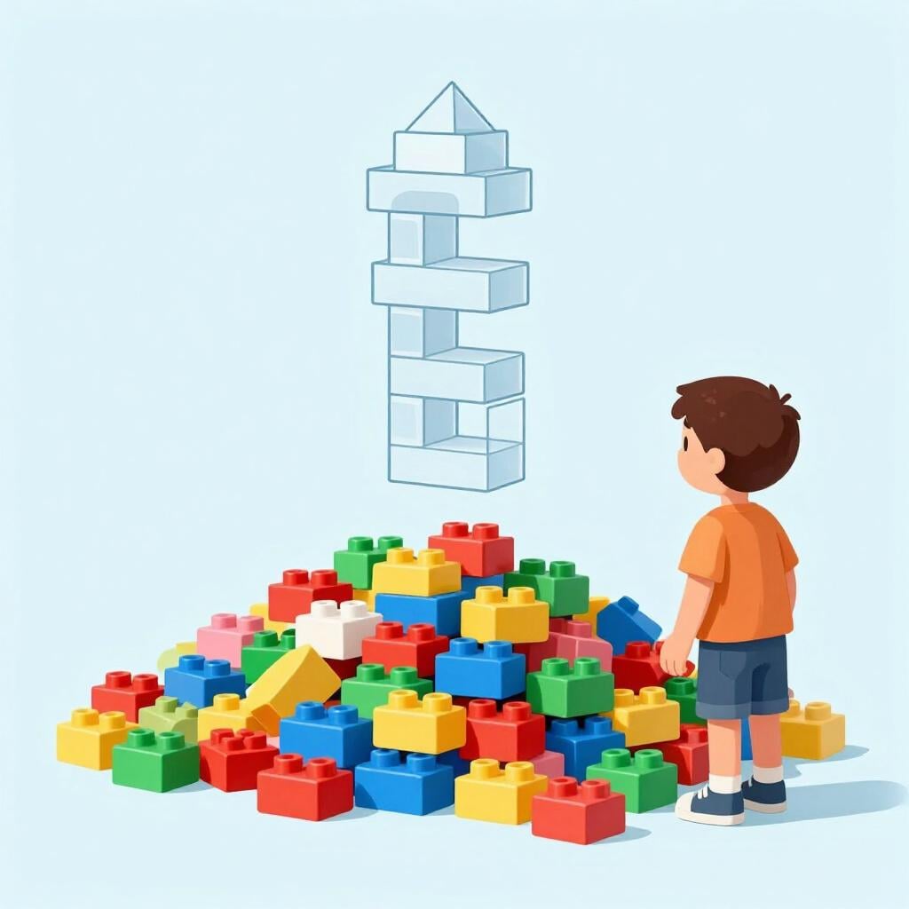 A child stands next to a large pile of colorful building blocks. Floating just above the blocks is a simplified, transparent outline of a completed tower, symbolizing the potential structure the child could build.