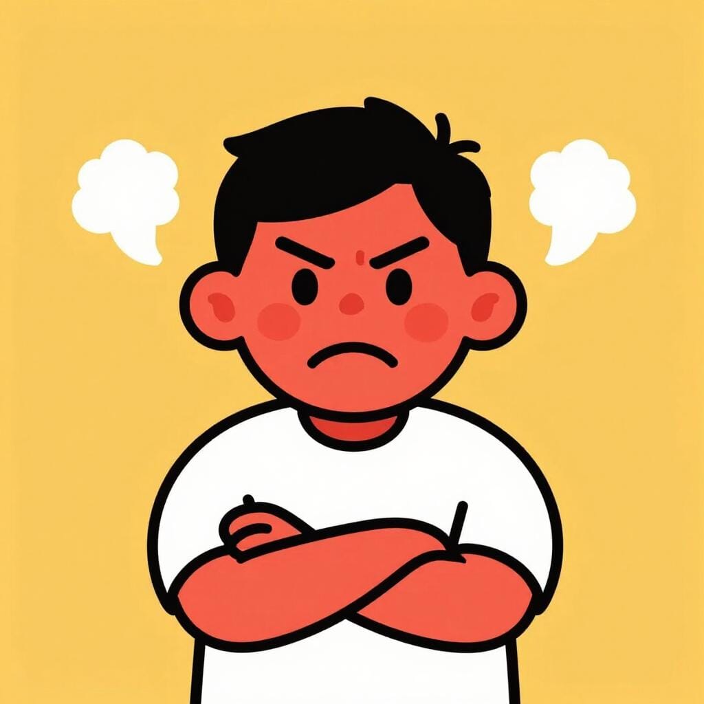 Un personnage avec le visage rouge et de la vapeur sortant des oreilles pour montrer sa colère.