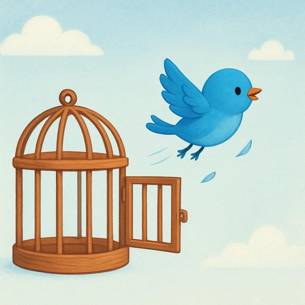 A small blue bird flying happily out of an open, simple wooden cage, symbolizing freedom.