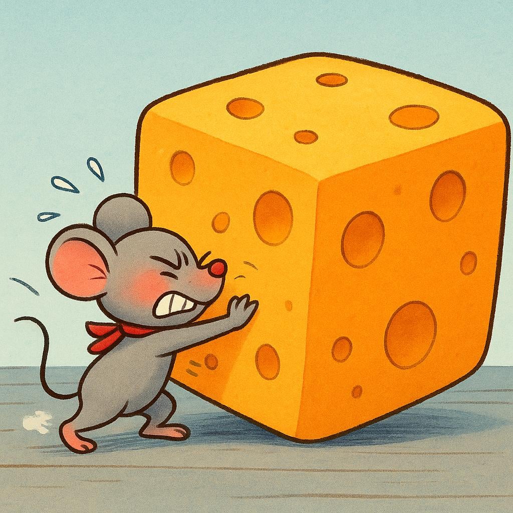 A storybook illustration of a small cartoon mouse straining intensely with a red face while trying to push a huge, oversized block of cheese across a floor, representing the act of trying hard.