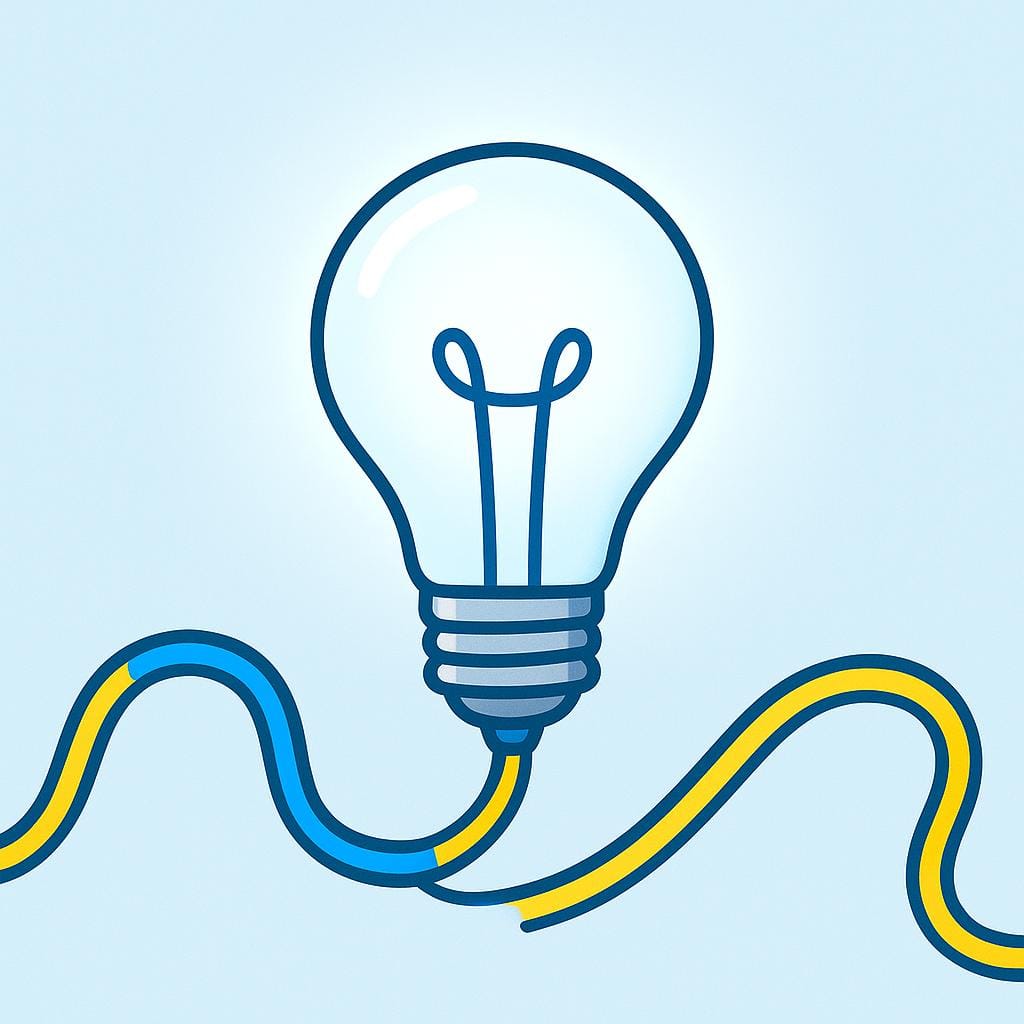 A glowing, stylized cartoon lightbulb connected to an energetic electrical current line, showing power transmission.