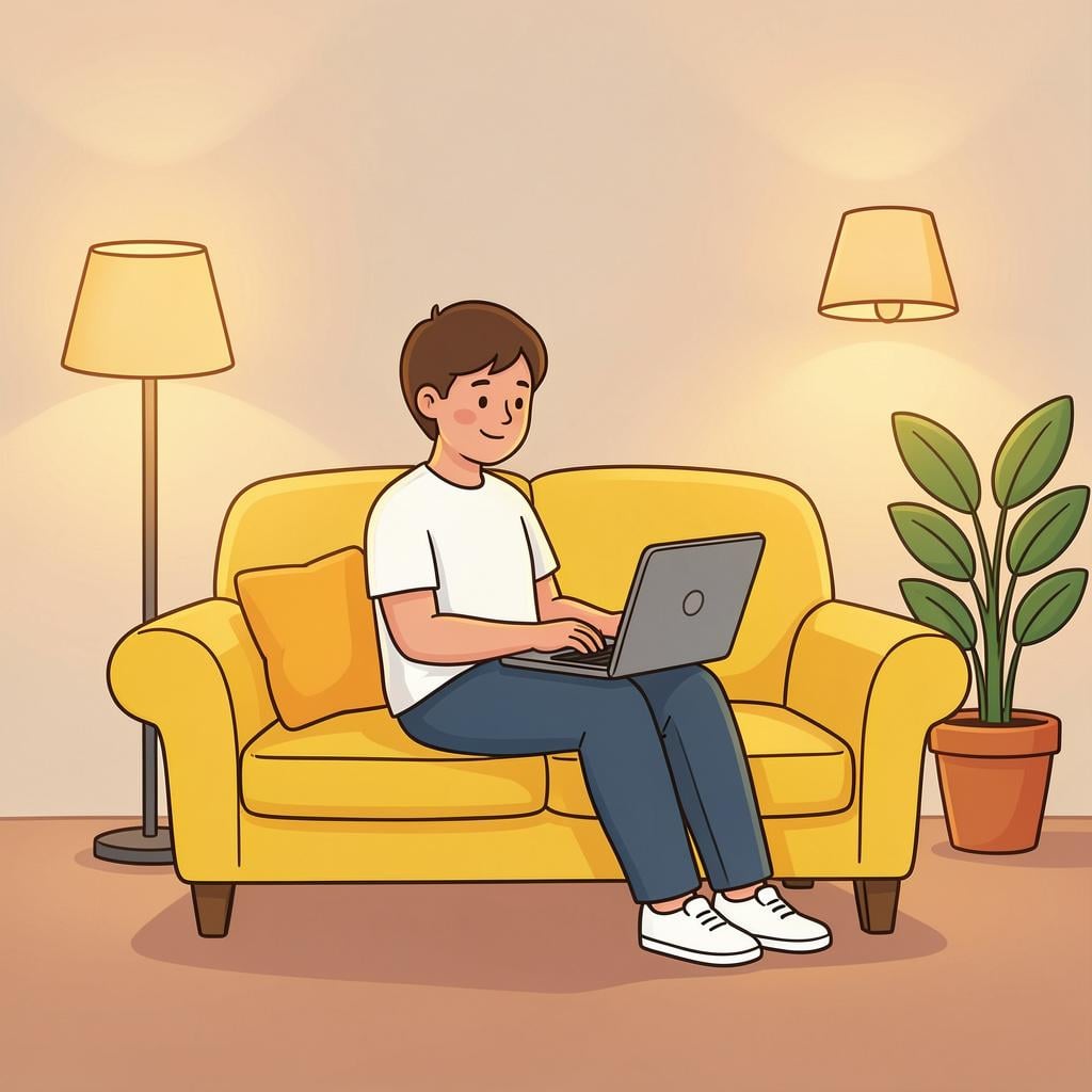 A person sitting comfortably on a sofa, looking at a glowing laptop screen in a cozy room.