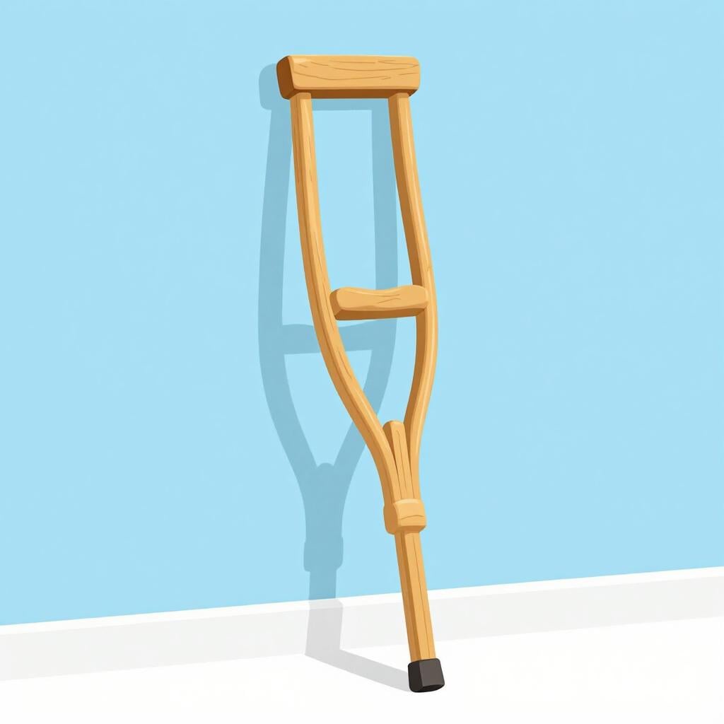 Une béquille en bois unique appuyée contre un mur bleu clair.