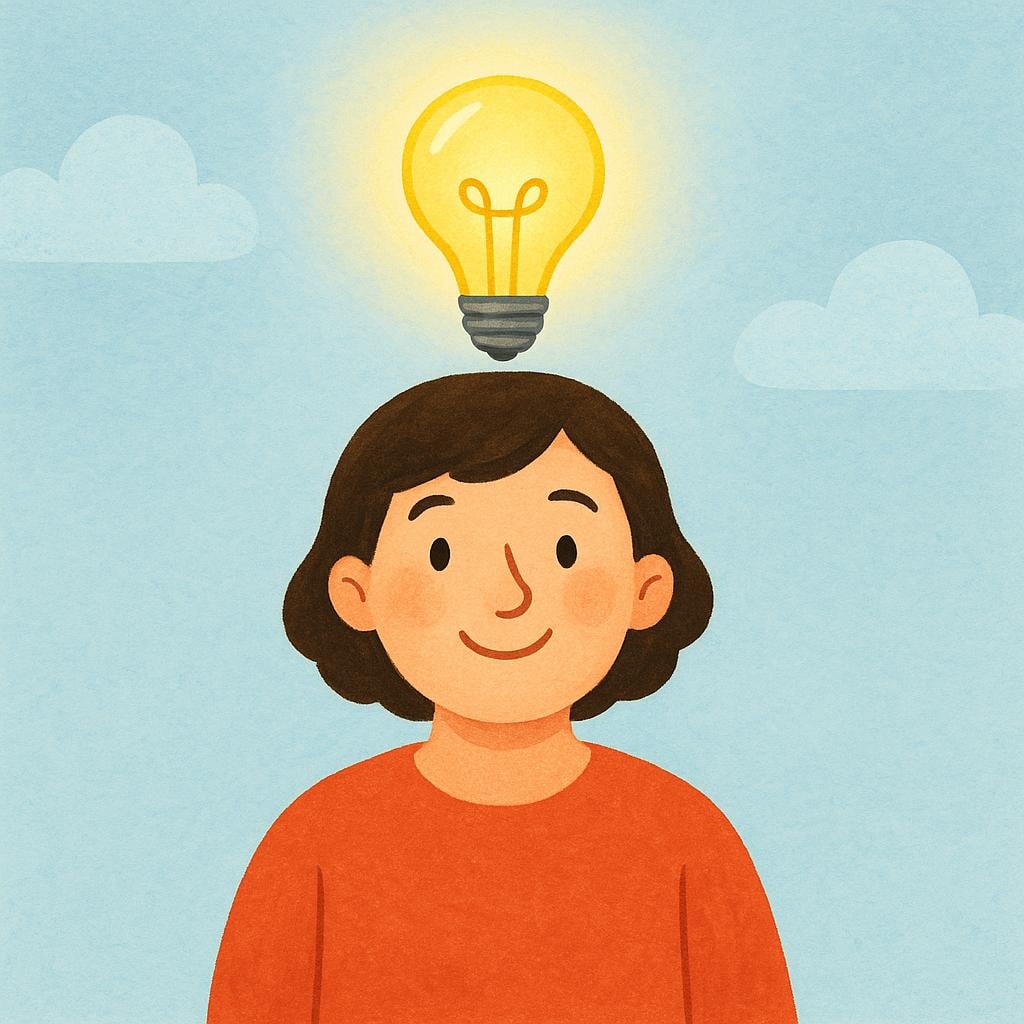 A bright yellow lightbulb appearing above a person's head, representing a new idea.