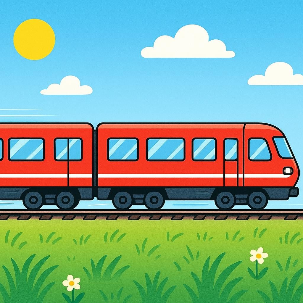 A bright red and yellow passenger train traveling across a green landscape on straight railway tracks under a blue sky.