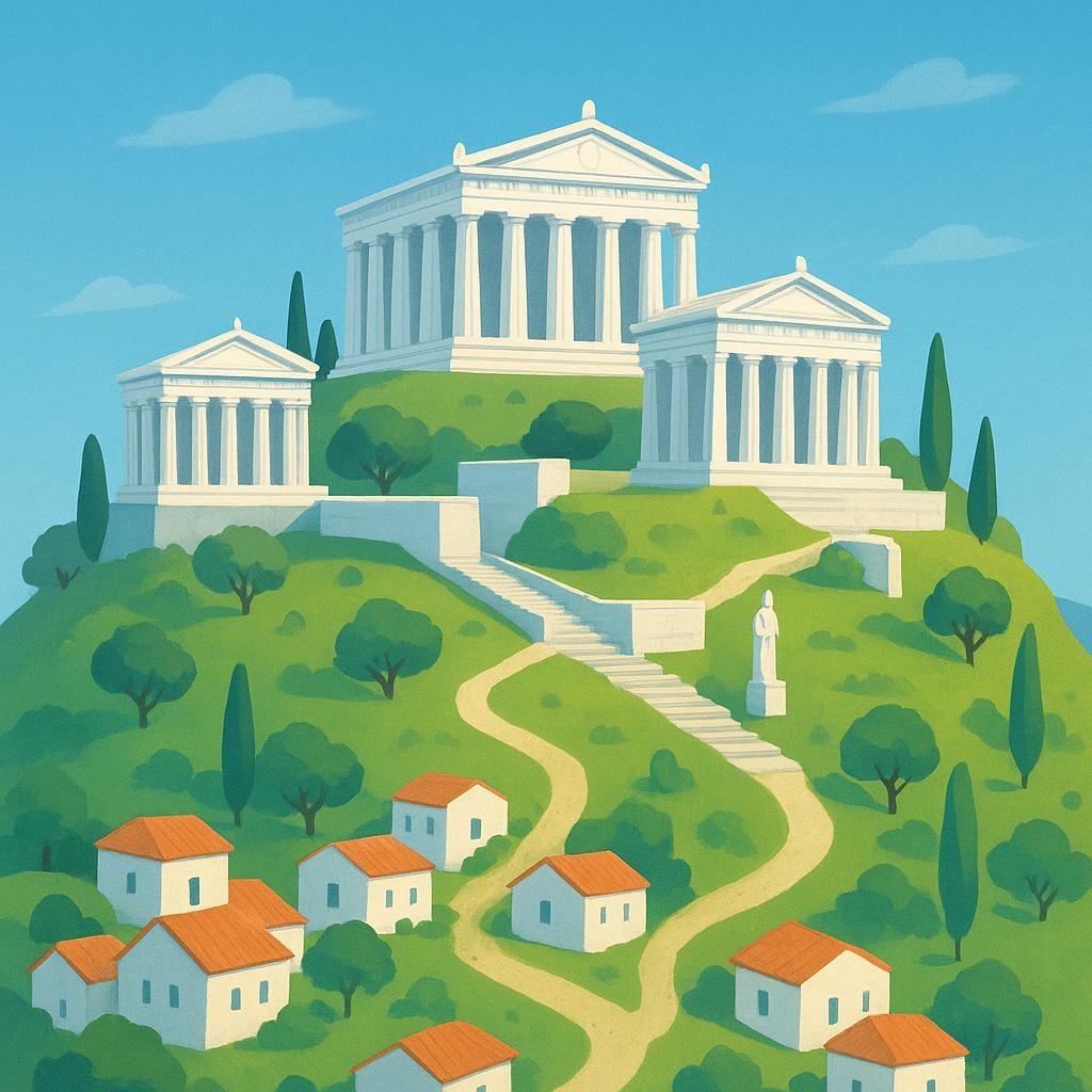 Eine hochwertige, einfache, farbenfrohe Bilderbuchillustration, die die weiße Marmorarchitektur einer antiken griechischen Stadtstaat mit Tempeln und Säulen auf einem Hügel darstellt.