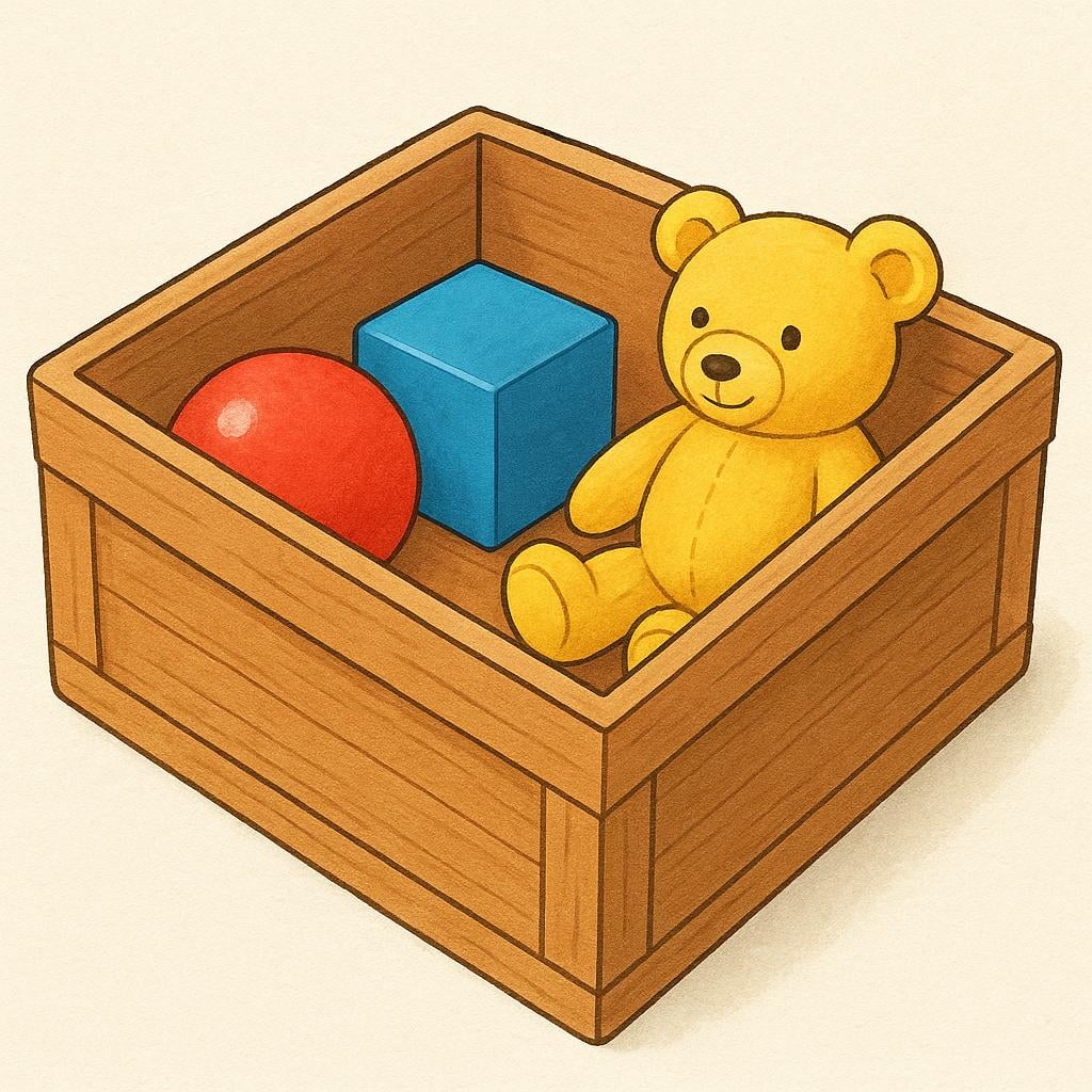 A simple drawing of a red ball, a blue block, and a yellow teddy bear resting together inside a large, open wooden storage box, illustrating that they belong together in that container.