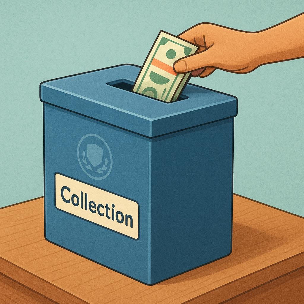 A hand depositing paper currency into a large, official, stylized collection box, representing the payment of income tax.