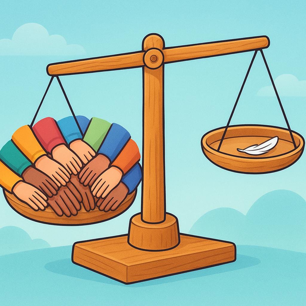 Multiple hands uniformly pushing down on one side of a large, simple wooden balance scale, creating an extreme imbalance to represent price control.