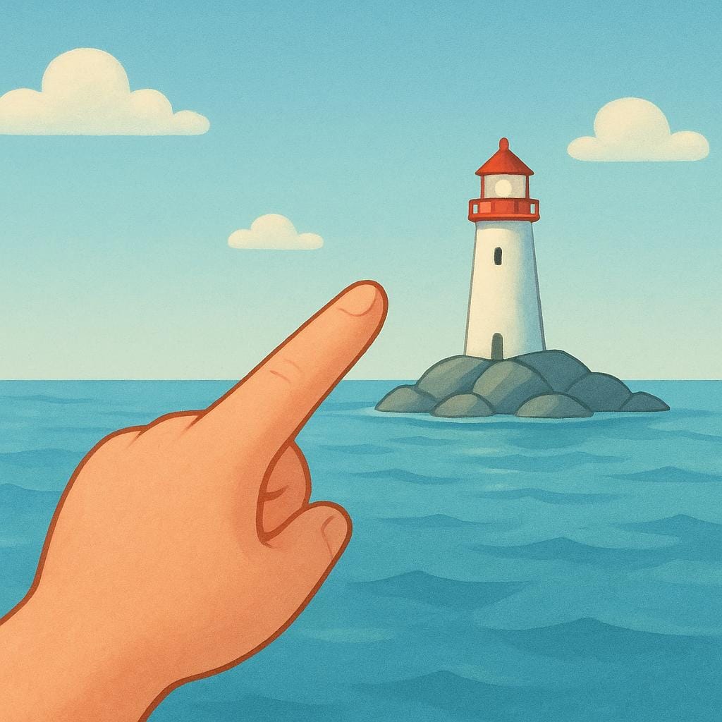 A colorful illustration showing a hand pointing across the water at a distant, solitary lighthouse standing on a rocky island.