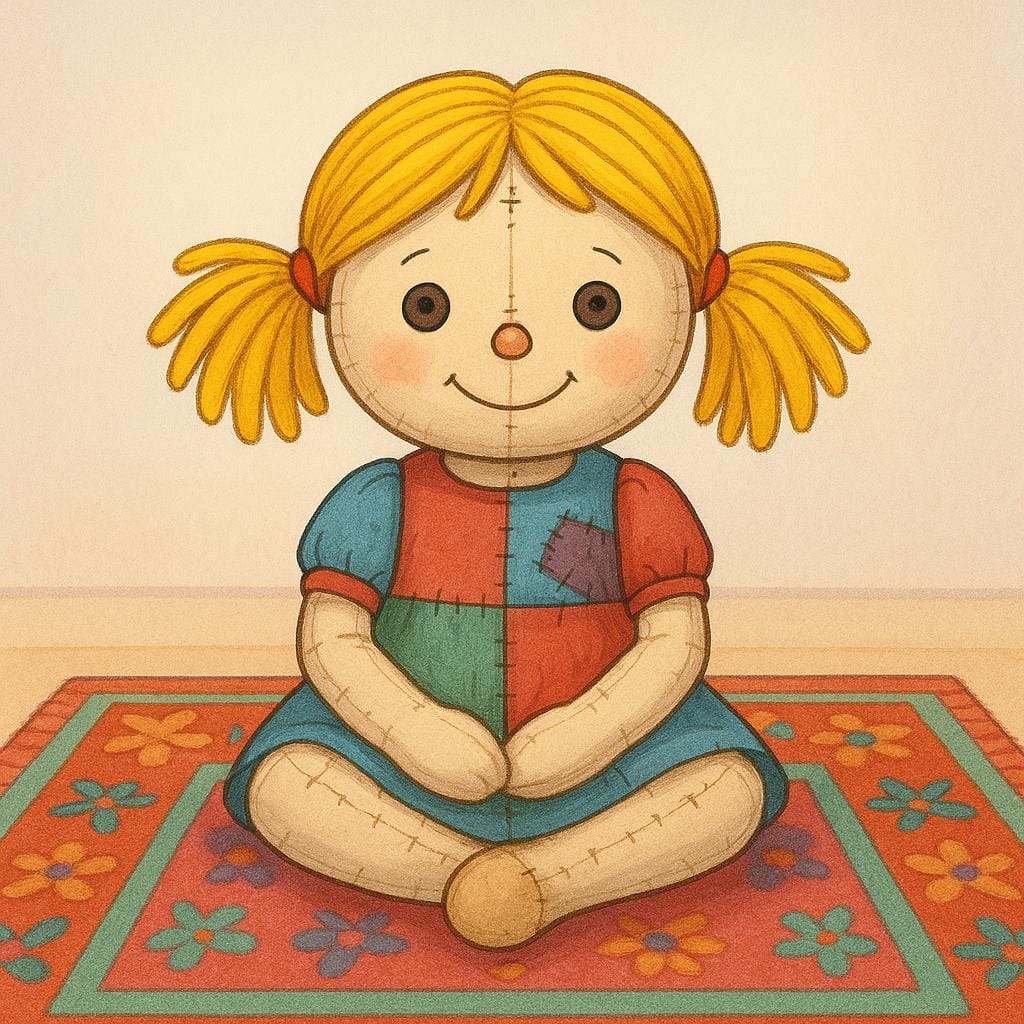 A simple, traditional rag doll made of cloth with button eyes and yarn hair, sitting on a colorful rug.