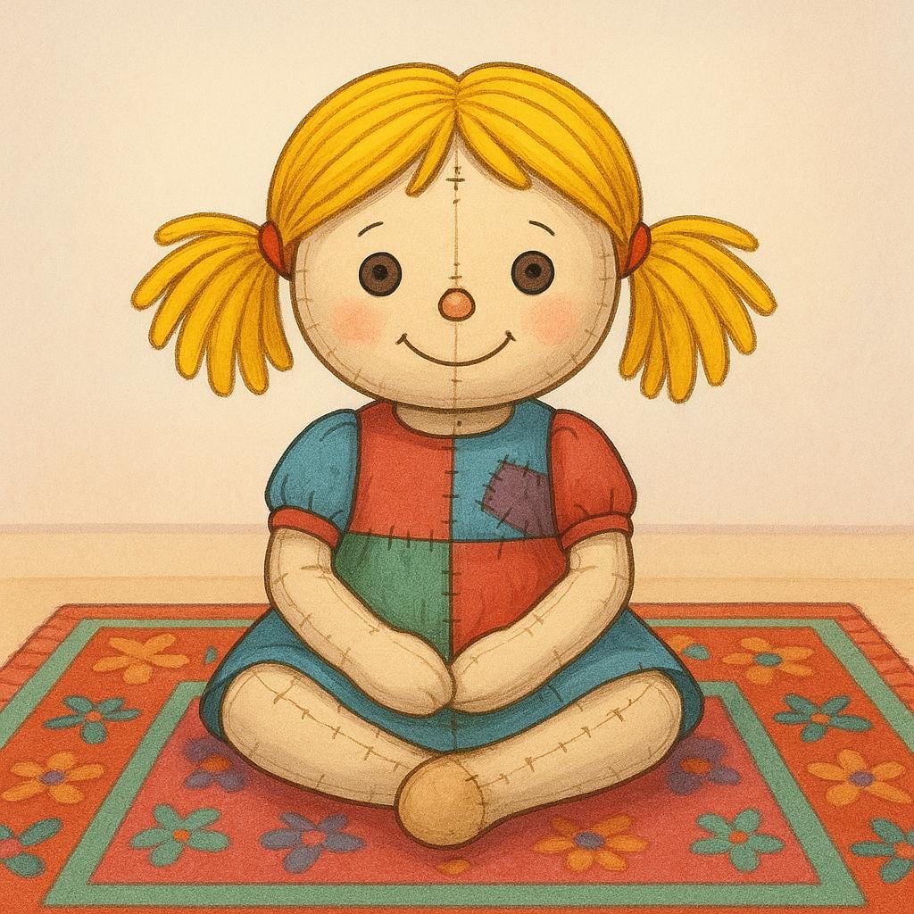 A simple, traditional rag doll made of cloth with button eyes and yarn hair, sitting on a colorful rug.