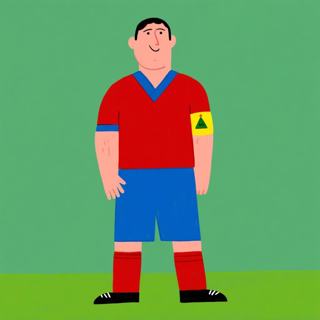 A confident male soccer player wearing a team uniform and a captain's armband, standing on a green field.