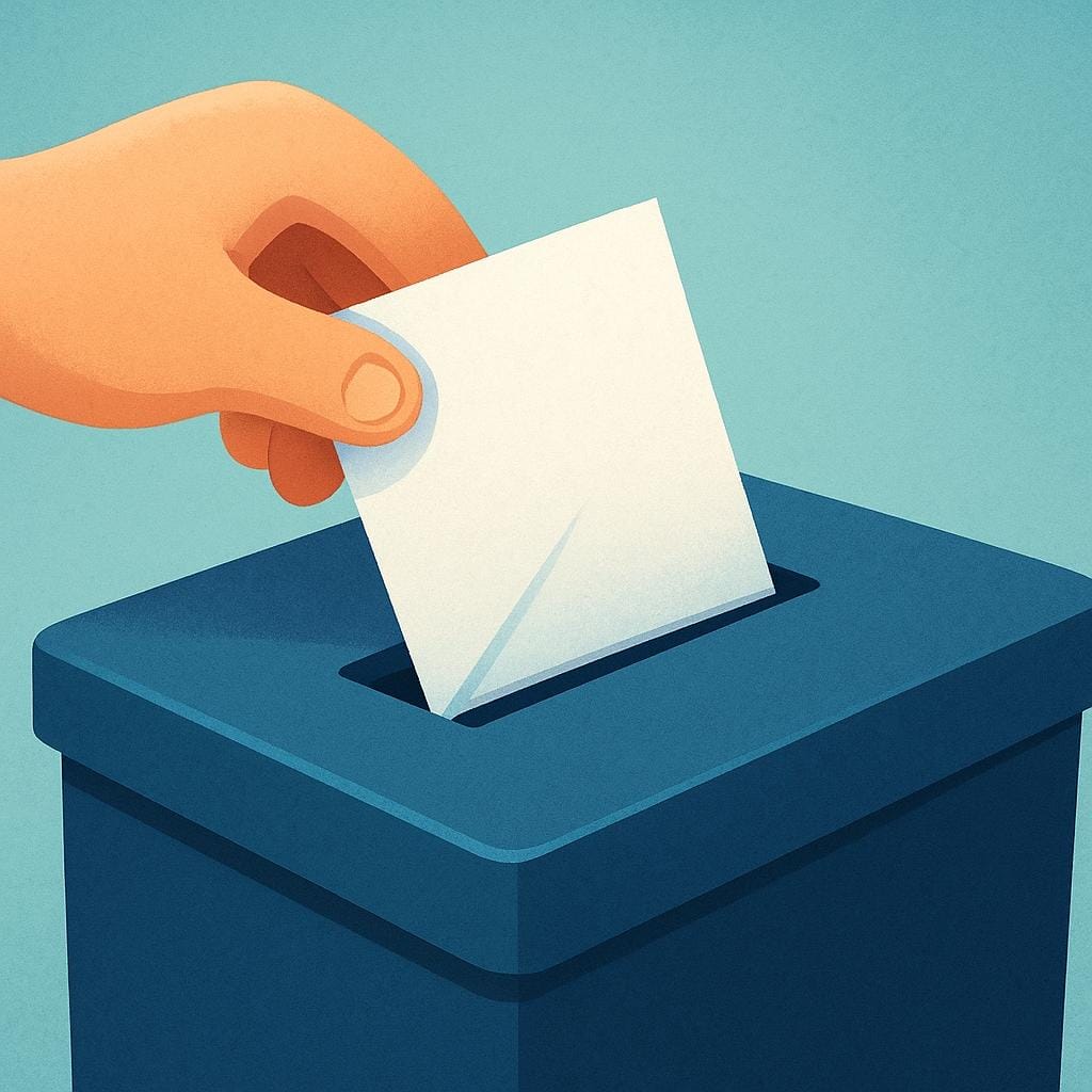 A stylized illustration of a hand casting a folded ballot into a blue election box.