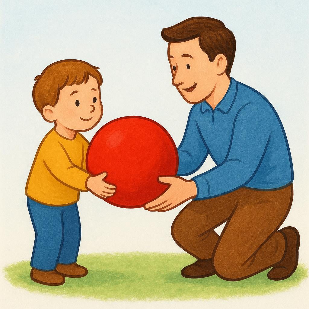 A sincere child is returning a bright red ball to a grateful adult, illustrating an honest action.
